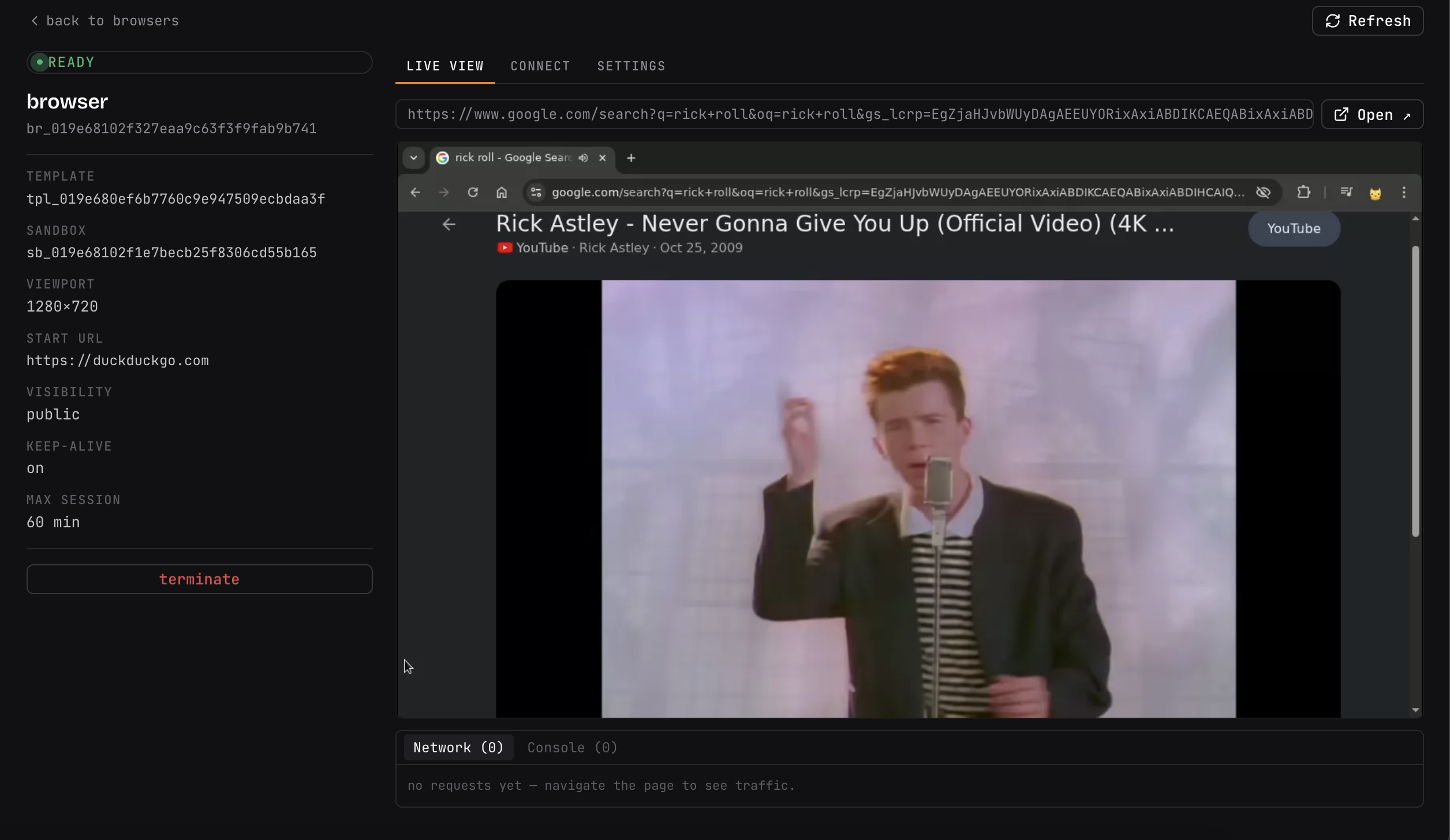 A qbox browser session live view rendering DuckDuckGo