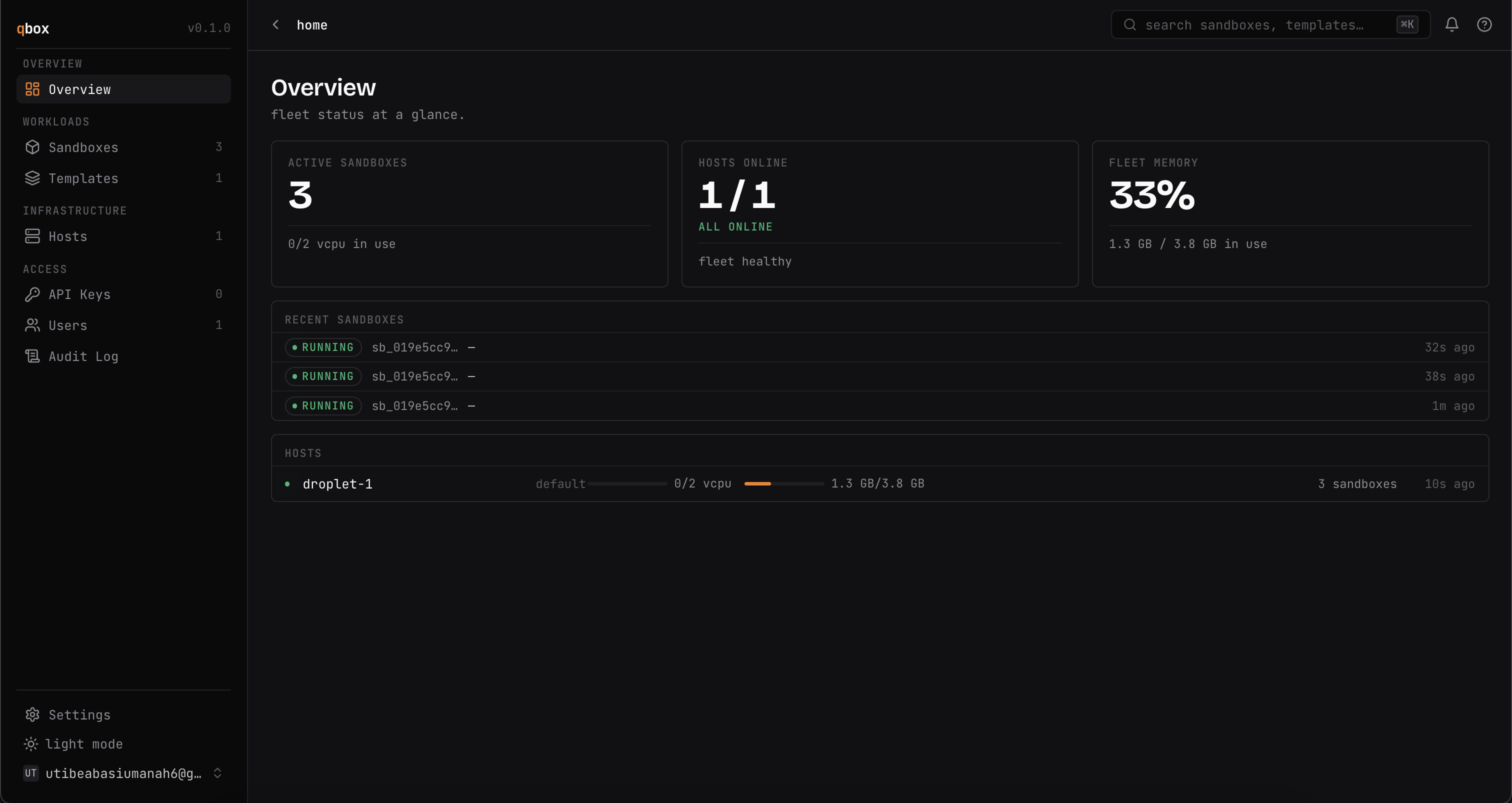 qbox dashboard overview: fleet status, sandboxes, and hosts