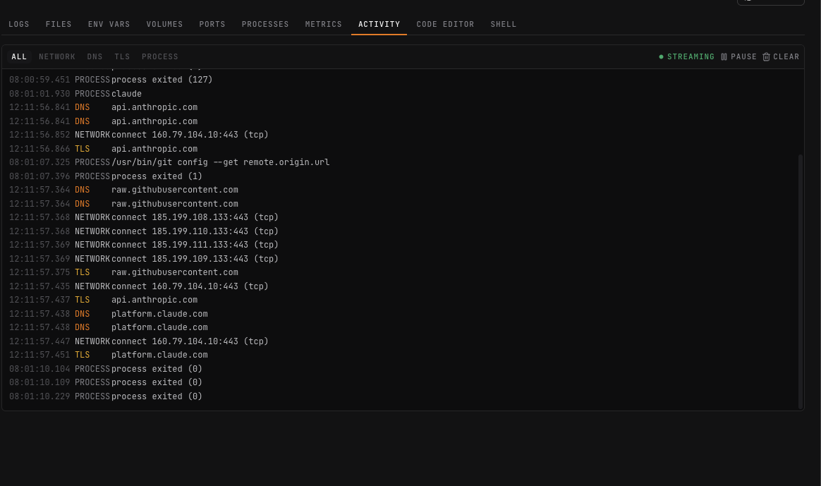 live activity feed: network, DNS, and process events from a sandbox