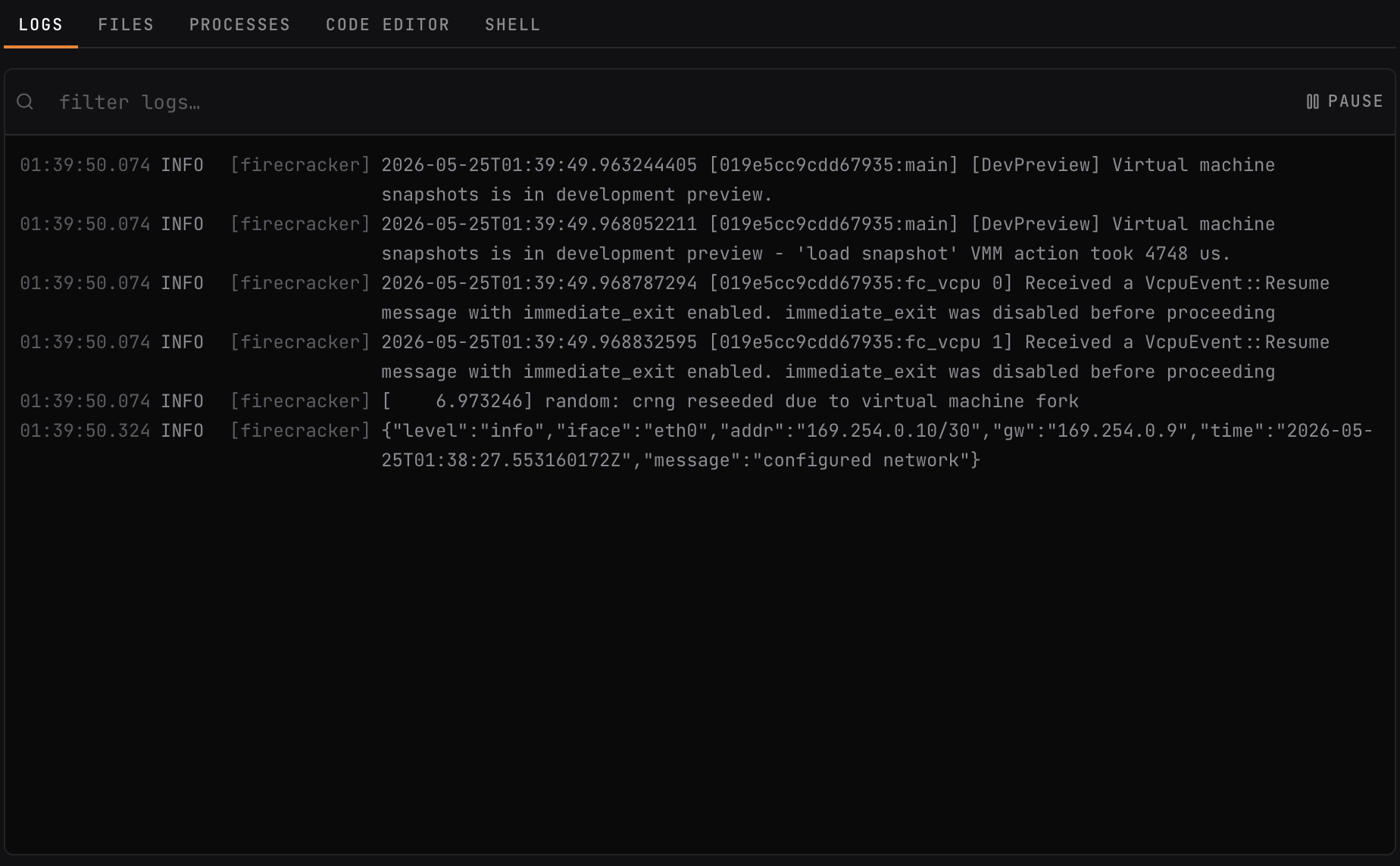 qbox dashboard streaming a sandbox's live logs